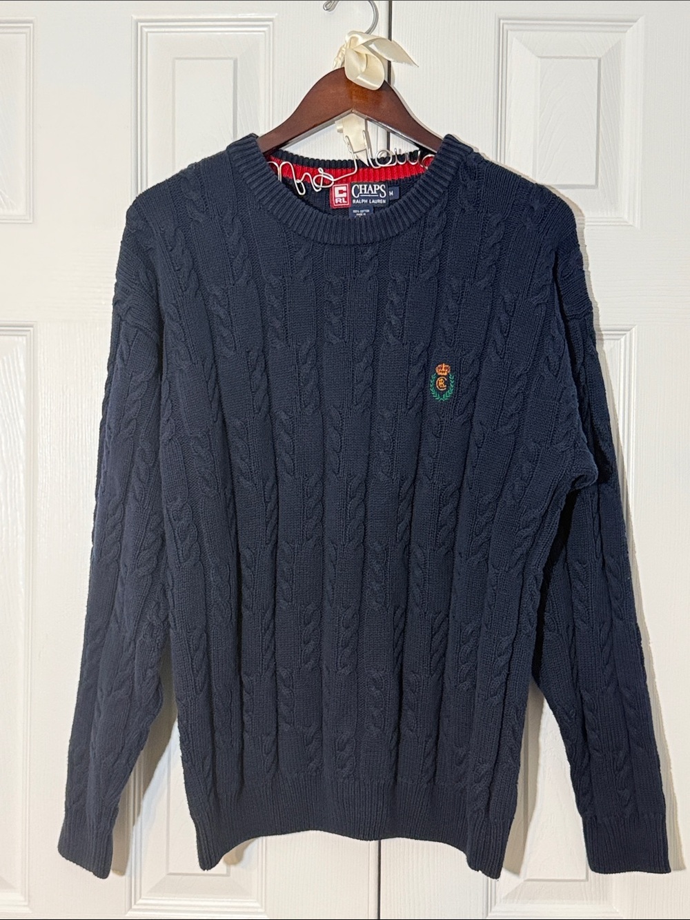 Vintage Chaps Ralph Lauren Cable Knit Crest Sweater Navy Mens M Preppy Heritage